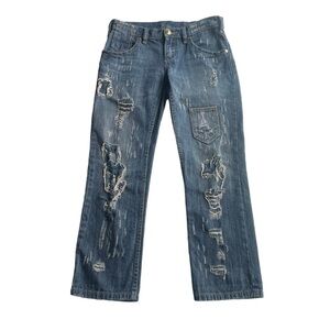 BCBGMAXAZRIA Distressed Boyfriend Jeans Gina Cyan Blue Size 25 oversized 30W